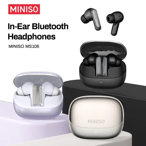 MINISO MS106 Wireless In-Ear Headphones - Bluetooth 6.0 Link, Waterproof, Sweat-Resistant, Built-In Microphone, Remote Control, Noise Cancellation, Hands-Free Calls, Mobile Camera Compatible, Ideal for Sports & Remote Work