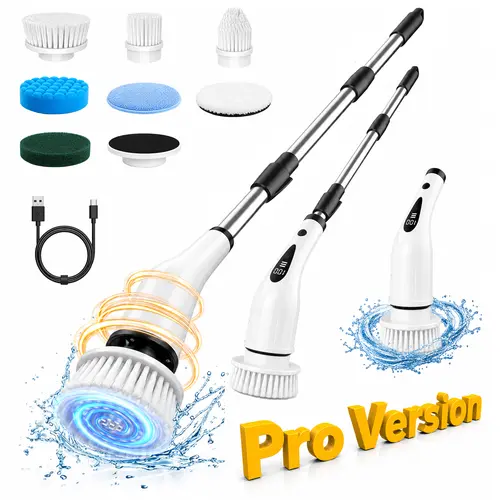 2026 Upgrade Cordless Handheld Electric Spin Scrubber, Cleaning Tool, IPX7 Waterproof USB Rechargeable Scrubber, 3-Level Extendable Rod, 4 Replaceable Brush Heads, Adjustable Speed, 300rpm Wet-Area Ready for Bathtubs, Stoves