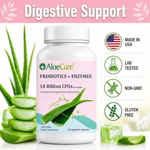 AloeCure Women's Probiotics + Enzymes Capsules, 10B CFU, 30 Count, Organic Aloe Vera & Bromelain for Digestive Health Support