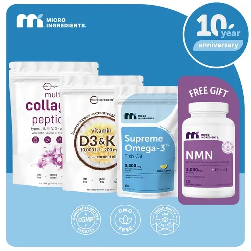 Micro Ingredients Super Hero Bundle: D3K2 10000IU Softgels, Collagen Powder, Supreme Omega-3 Fish Oil & NMN Complex