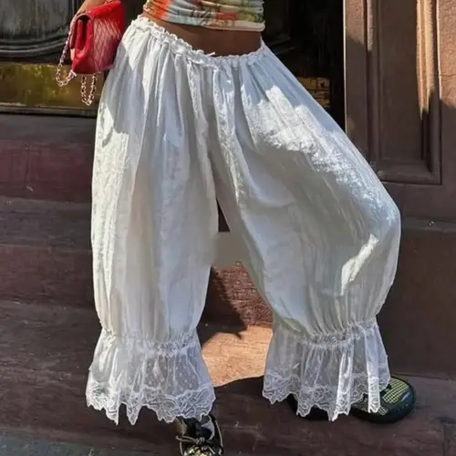 Women's Linen Bottom Pants, Bohemian Style Aesthetic Baggy Loose Fit, Lace Trim Floral Details Elastic Waistband Beach Casual Summer Vacation Wear
