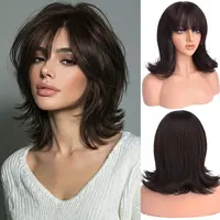 AISI HAIR Women's Glueless Short Layered Straight Bob Wig with Bangs - Natural Brown Mixed Honey Blonde Artificial Fashion Synthetic Full Machine Wig, Heat-Resistant for Beginners, Straight Bob Style, Artificial Wig