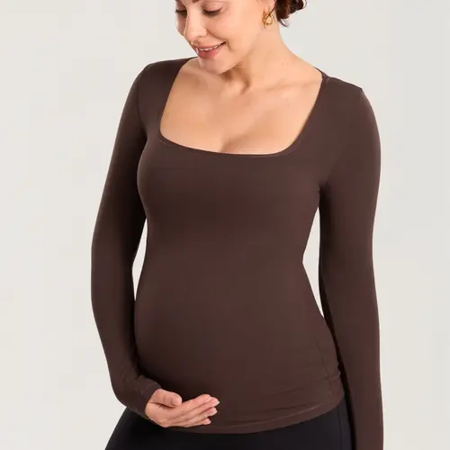 MOMANDA Long Sleeve Maternity Nursing Tops Square Neck Pregnancy Basic Shirts Soft Casual Tee