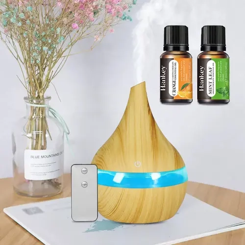 Portable 300ml Wood Finish Mist-Making Humidifier Fragrance Machine - 7 Color Changing Night Lights, Remote Operated, Ultra Quiet, Auto Shut-Off, Mist Control, Automated Aromatherapy, Perfect for Nightstands