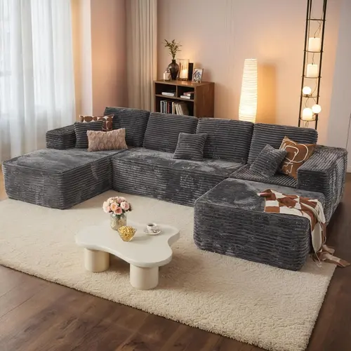 ModMood Compress Sofa Sectional 133x70" Oversized Corduroy Cloud Couch U/L-Shaped Modular Set with Chaise Ottoman 7 Pillows No Assembly Required Soft Plush Modern Modular Living Room Essential