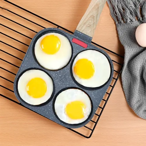 4-Hole Nonstick Aluminium Egg Frying Pan Set - Compact, Oil-Saving, Wooden Handle, Temp-Sensitive Silicone Design, Multi-Use Nonstick Cooking Tools, Compatible with All Stovetops (Gas, Induction)