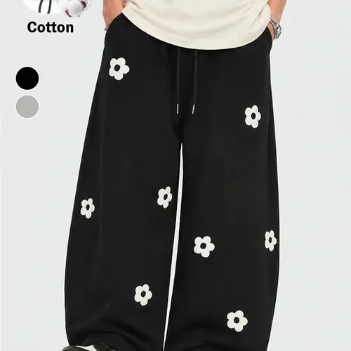 TELLFUN Men's Elegant Baggy Barrel Sweatpants - Floral Embroidery, Elastic Waist with Drawstring, Loose Vintage Y2K Streetwear Casual Joggers