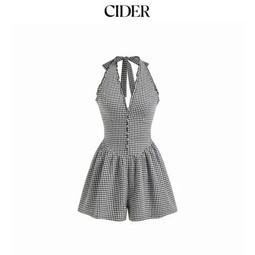 Cider Gingham Halter Neckline Shirred Romper