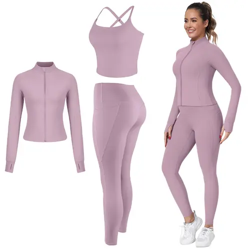 【LOCAL SHIPPING】2026 NEW 2/3/4 Piece Workout Set S-2XL - Longline Sports Bra + Side Pockets Leggings/Shorts + Full Concealed Zip Jacket with Collar Shield – Women’s Yoga Outfit Activewear for Gym Running Training Lightweight Compression Sportswear
