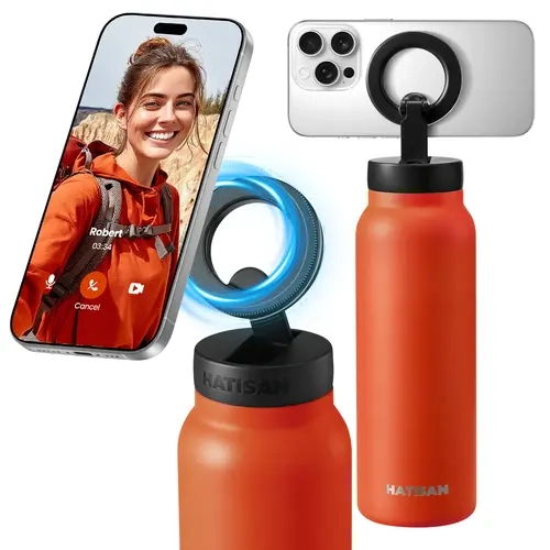 HATISAN Portable Insulated Stainless Steel Tumbler Water Bottle, 24oz, with 360-Degree Rotatable Magnetic Phone Mount for Workouts, Navigation (for Women), Bottled