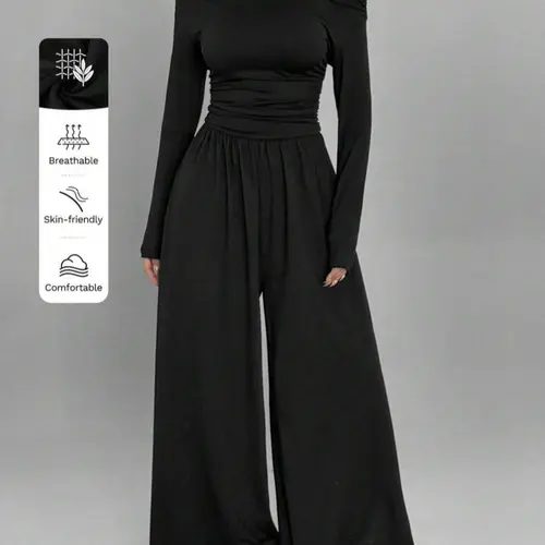 Women's Solid Color Knit Casual Asymmetrical Shoulder Long Sleeve Ruched Loose Fit Straight Leg Jumpsuit Jumpersuit, Stylish and Comfortable
