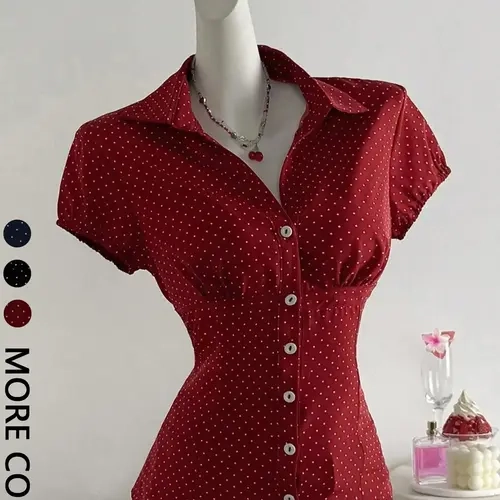 Women's Casual Polka Dot Printed Shirt Blouse, Fitted Design, All over Print, Perfect for Everyday Wear, Comfortable and Stylish, Casual Everyday Top