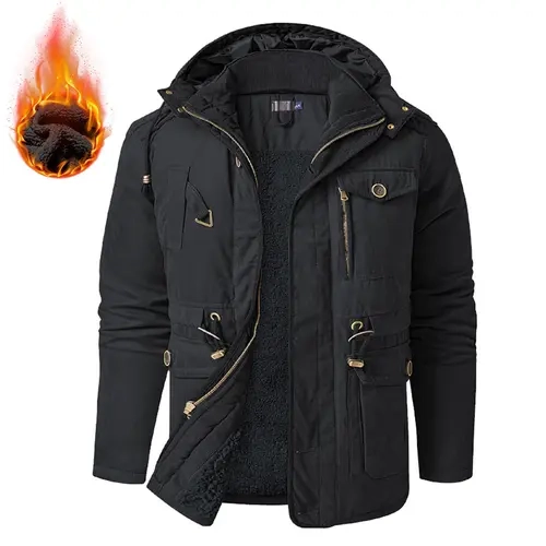 Zaitun Menswear Men's Winter Hooded Windproof Sherpa-Lined Fleece Parka Coat - Long Sleeve Casual Style Outerwear, Wind-Blocking Hood, Insulated Material, Adjustable Fit, Extra Cover Design, Medium Length, Plain Basic Warm Men's Fleece Jackets