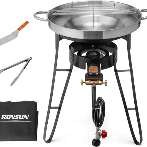 ROVSUN 23" Concave Comal Set with 80,000BTU Propane Stove, Stainless Steel Discada Disc Cooker with Burner Stand for Backyard & Outdoor Cooking, Taco Para Cocinar Carnitas Tortillas Stir Fry Wok