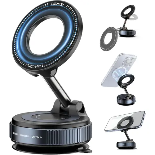 ULANZI SK-25 MagSafe Cell Phone Car Mount, Twist-Lock Vacuum Suction Cup Universal Holder, 360-Degree Rotation Phone Holders & Mounts, 14N+ Force, 1kg Max Load (Black) for Tile & Mirror Use