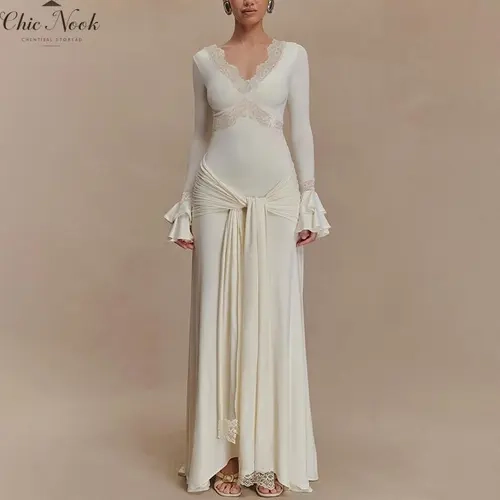 Women's Fall Lace Long Dress Elegant Solid Color Long Sleeve V NeckFit Ruffle Dress for Daily Event Wear