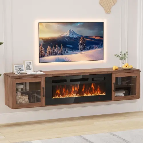 Aoxun Floating TV Stand with 36" Electric Fireplace - High-Gloss Shine Wall-Mounted Home Entertainment Center, 70 Inches, 80" TV Ready, Black Indoor Furniture