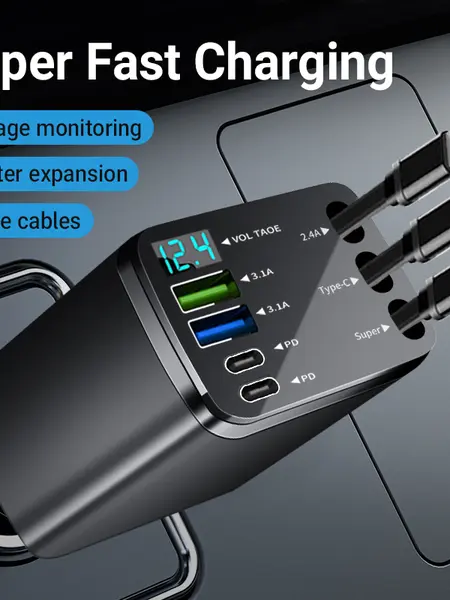 7 in 1 Super Fast Charger, Car Accessories, With Star Pojector,3 Retractable Cable, 180° Adjustable Head, PD 3.0 & QC3.0, Road Trip Essentials Universal Fit for iPhone, Android, Tablets,Applicable to cars, pickups, large trucks and off-road vehicles