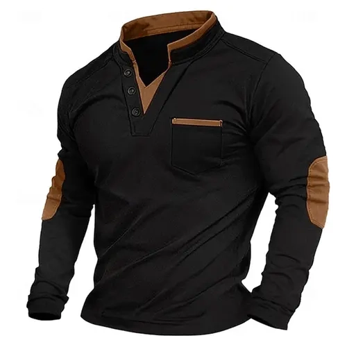 Men's Classic Fitted Faux 2-Piece Layered Long Sleeve Knit Polo Shirt - Brown Elbow Details, Chic Menswear, Suitable for Golf, Business Casual, Spring-Autumn-Winter Wear