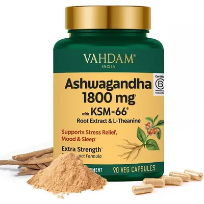 VAHDAM Natural Ashwagandha Vegetarian Natural Herbal Capsules, 1800mg Root Extract with L-Theanine, 90 Non-Powder Dietary Supplement - Stress Calm Supplement, Selfcare Support