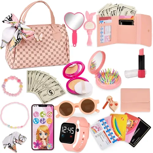 Princess Pretend Play Playset for Girls - BPA-Free Stylish Fake Cosmetics Kit with Handbag, Phone, Wallet, Roleplay Accessories, Kids Toys for 3+ Years, Perfect Gift for Young Girls That Encourages Imaginative Play