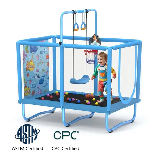 SkyBound Unisex Heavy Duty Trampoline - 6-in-1 36×55in Rectangular Mini Jump Platform with Certified Materials, 250 lbs Capacity, Safety Net, Foam Pads, Swing, Hoop+Ball, 15 Ocean Balls, Easy Assembly, Anti-Tip, Indoor-Outdoor Kids' Workout Gear