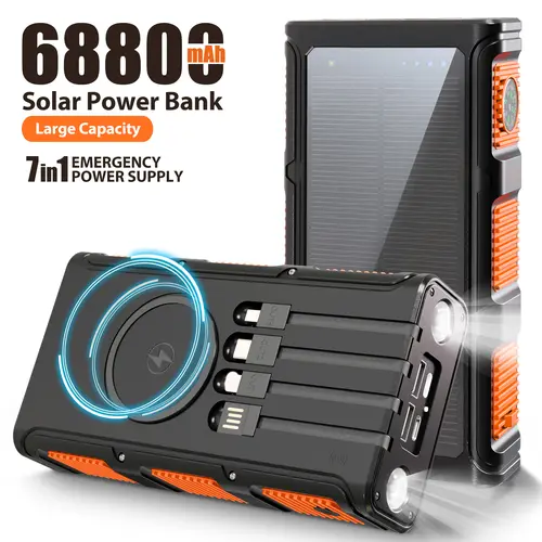 68800mAh Chargeable Solar Power Bank Charger - 15W Fast Wireless Charging, 4 Built-in Cables, 7 Outputs, Dual Flashlights, Compass, Built-in Wall Charger, High-Power Cells, Portable Battery for Smartphones, On-the-Road EDC Gear