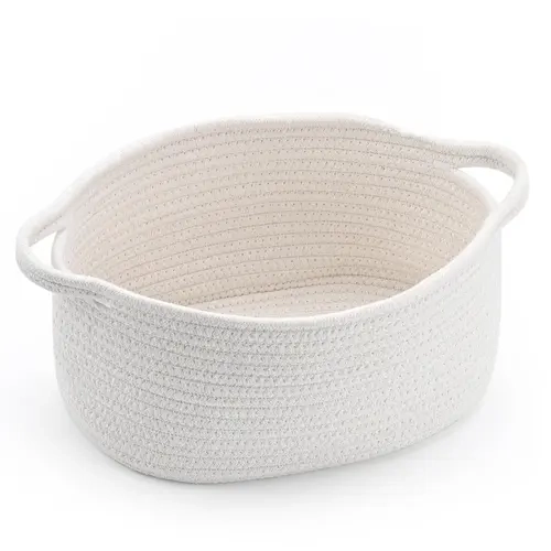 Cotton Rope Basket - Decorative Woven Storage Basket with Handle, Sustainable Materials, Structured Base, Gift-Ready for Bridesmaid Presents & Graduations, 13" D x 8" W x 6" H Foldable Home Organizer for Bathroom Baby Toys