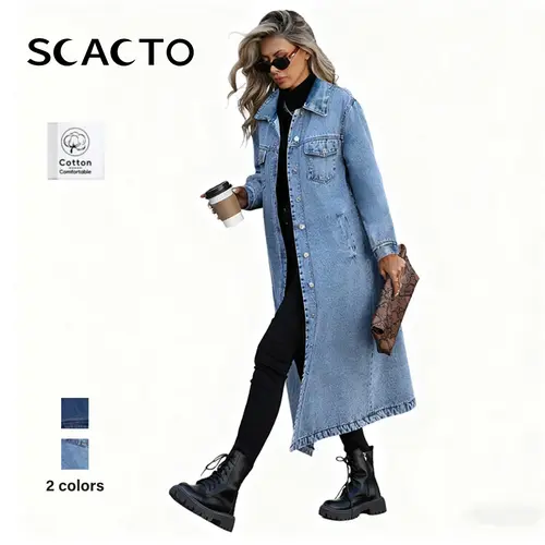 Scacto Women's Classic Longline Denim Trench Coat with Button-Front for Chic Spring and Fall Everyday Style