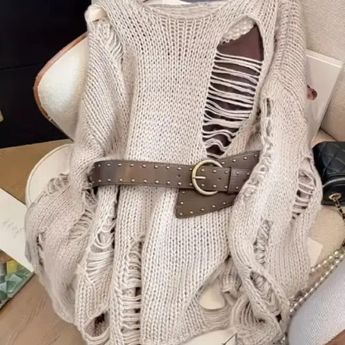 Women's Fall & Winter Fitted Long Sleeve Knit Sweater, Knitwear, Plain Pattern, Solid, Casual Style, Loose Fit Design, Womenswear (wear Belt Not Included)