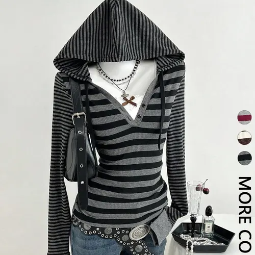 American Street Style Striped Long Sleeve Hooded Top for Women Daily Wear Casual Slim-Fit Streetwear