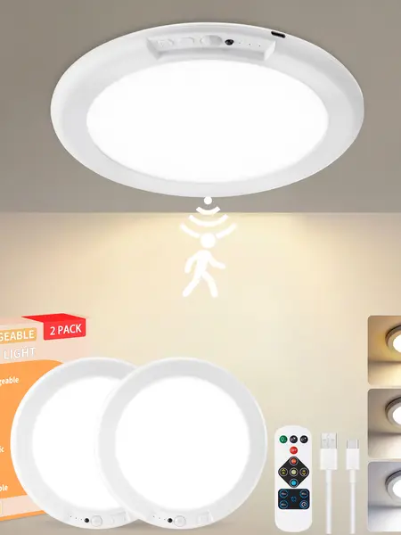 Rechargeable Ceiling Light 2-Pack, 3 Color Modes, Motion Sensor with Remote, Wireless Battery-Operated Magnetic LED Lights for Shower, Closet, Pantry, Shed, Hallway, Porch, Garage summergarden,campingessentials,outdoorfurnitureset,campinggear
