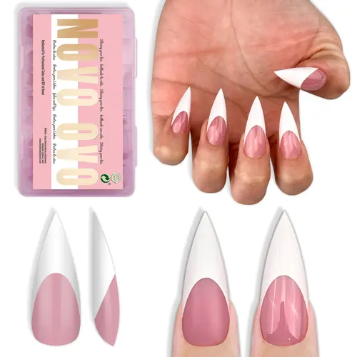 NOVO OVO Soft Gel French Tip Stiletto Press-On Nails, Full Cover Medium-Long Stick-On Berry Pink Base Frenchtipnails, 160 Pcs, 16 Sizes, Chic Nail Supplies