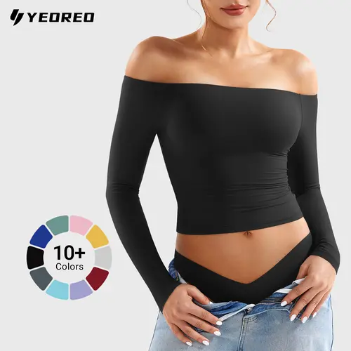 YEOREO Sophie Women Off Shoulder Long Sleeve Shirts Double Lined Basic Undershirt Y2K Going Out Tops Casual Cute Womenswear Black Blouse summerwins
