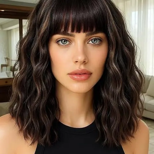 Women's 14-Inch Short Brown Wavy Texture Curly Bob Wig with Bangs, Blonde Highlights, Soft Protein Fiber Hair, Natural-Looking Hair Replacement for Daily, Party Use,sohochic