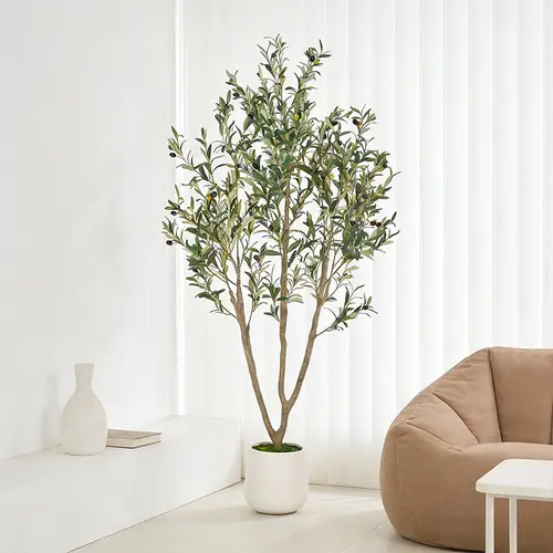 【DealsForYouDays】Artificial Olive Tree (5 ft / 6 ft / 7 ft) — Indoor Faux Olive Tree with Tall White Planter — Realistic Faux Plant featuring Natural Wood Trunk and Lifelike Fruit — Ideal for Home and Office Decor. summerwins