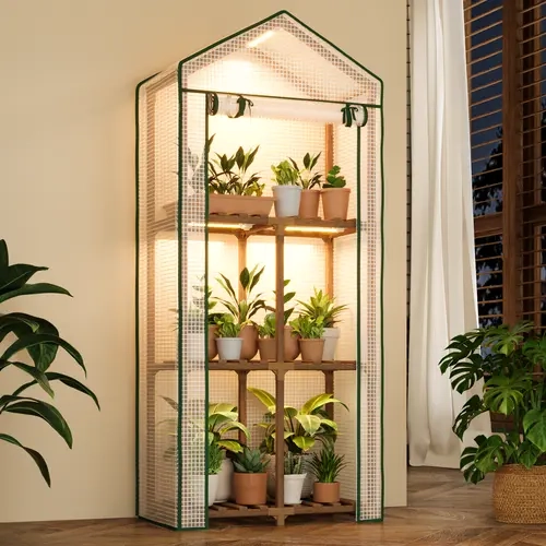Bamworld 3-Tier Eucalyptus Wood Frame Mini Greenhouse - Outdoor Garden Accessory with Grow Light, PE Cover, Easy to Store Portable Plant Stand, 22in Wide Shelves, 38lbs Capacity, Assembly Required for Decks, Seed Starters