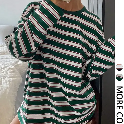 Women's Striped Long Sleeve Round Neck Loose Fit T-Shirt, All Seasons Fashion, Comfortable Casual Wear, Casual College Style, Perfect for Daily Use