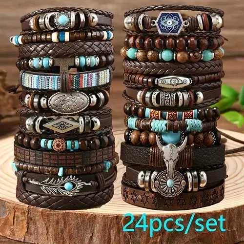 24pcs/6Pcs Retro Buffalo Head Turquoise Cowrie Wood Bead Bracelet Set - Brown Faux Leather with Star & Feather Pendants, Ideal Gift for Friends, Daily Occasion, Campus Event, Everyday Bracelet | Retro Style Bracelet | Durable Faux Leather Bracelet