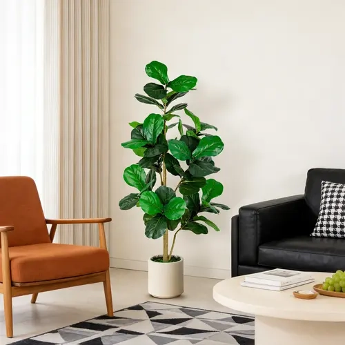 5FT/6FT Pre-Assembled Plastic Artificial Fiddle Leaf Fig Tree - 8.8lbs, White Planter Included, Photorealistic Natural Look Floor Faux Plant, Thoughtful Housewarming Gift for Indoor Home Office Decoration, Room Accessories