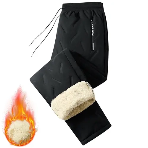 Men's Keep Warm Thick Fleece-Lined Casual Plain Regular Leg Pants - Preppy Menswear, Drawstring Elastic Mid Waist, Non-Stretch Durable Fabric, Casual Comfy Trousers, Fitted, Outdoors Apparel for Camping, Skiing, Machine Washable