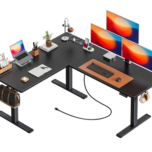 Huuger Modern L-Shaped Corner Standing Desk, 63x55-Inch Height-Adjustable Office Desk with Power Outlets for Home Office Work and Study