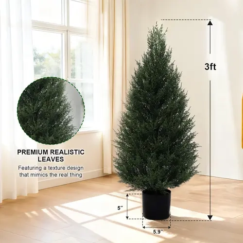 2-Pack Multi-Size All-Weather Indoor/Outdoor Artificial Cedar Tree Topiaries (3ft/4ft/5ft Options) - Natural Look Fake Plants, Cedar Shrub for Home Porch Entryway Decor