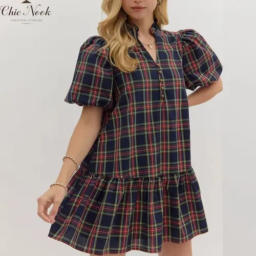Women's Gingham V Collar Shirt Dress Button Down Casual Long Sleeve Tie Sleeves Mini Plaid Shirt Dresses
