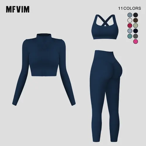 MFVIM Female 3-Piece Matching Workout Sets, Polyamide Blend Criss Cross Crop Tank Top, High Waist Below Ankle Leggings, Zip-Up Crop Long Sleeve Jacket with Non-Slip Thumbholes, Skin-Friendly Athleisure Running Clothes for Yoga & Gym