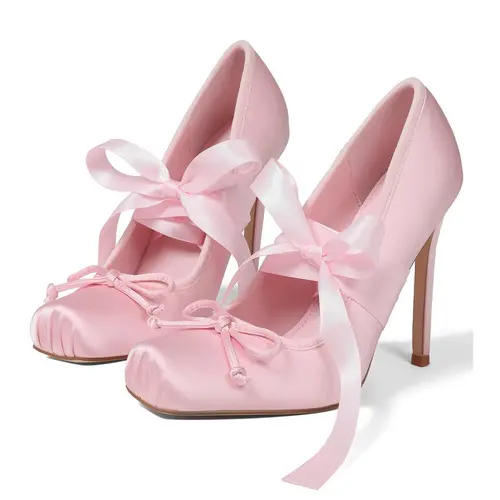 EROCALLI Women's Elegant Classy Heels - Cute Satin Stiletto Heeled Pumps, Square Toe, Adjustable Ankle Ribbon Tie with Oversized Bow, High-Quality Evening Footwear