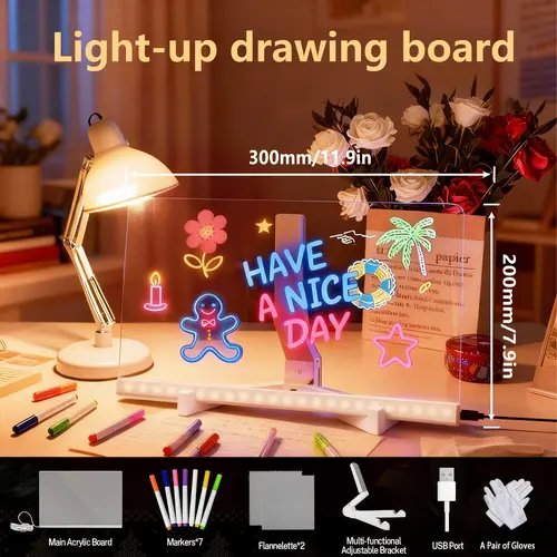 Snofrid Compact Backlit LED Message Board - Acrylic Material Dry Erase Board with Stand, Markers, Cleaning Cloths, Tracing Paper, LED Neon Lights, Low-Light Readable, Christmas Aesthetic Decor, Great for School, Home, or Office