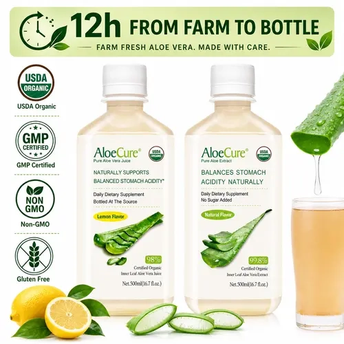 AloeCure USDA Organic Pure Aloe Beverage - 2-Bottle Lemon Flavor Sample Pack, 2x500ml Vegan Wellness Supplement, High Quality Juice, Healthy Drinks, Natural Drink, Gluten Free, Organic Cleanse