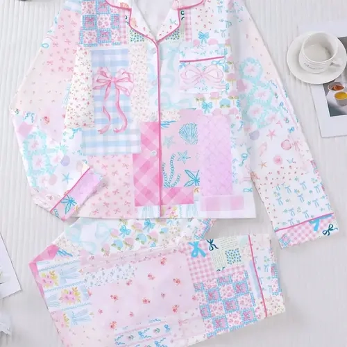 Women's Floral Bow Full-Print Sleepwear Set, Comfortable Long Sleeve Cardigan Top & Loose Elastic Pants, Casual Fall Winter Pajamas Loungewear, Cozy Fall Sleepwear