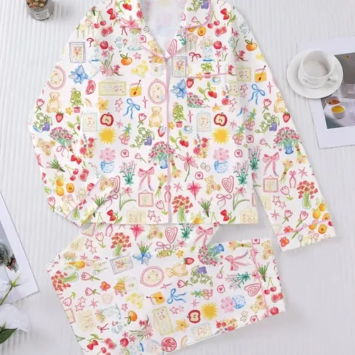 Women's Cartoon Floral Bow Print Sleepwear Set, Pajama Set, Long Sleeve Button-Down Top & Elastic Pants, Casual Fall Winter Home Clothes